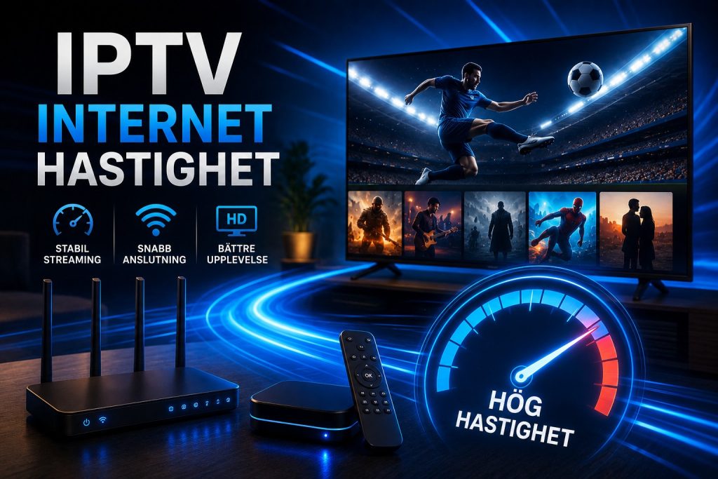 Denna bild visar en modern IPTV och internet setup med smart TV, router och streamingenheter som hjälper användare förstå IPTV internet hastighet och vikten av en stabil anslutning för smidig streaming.